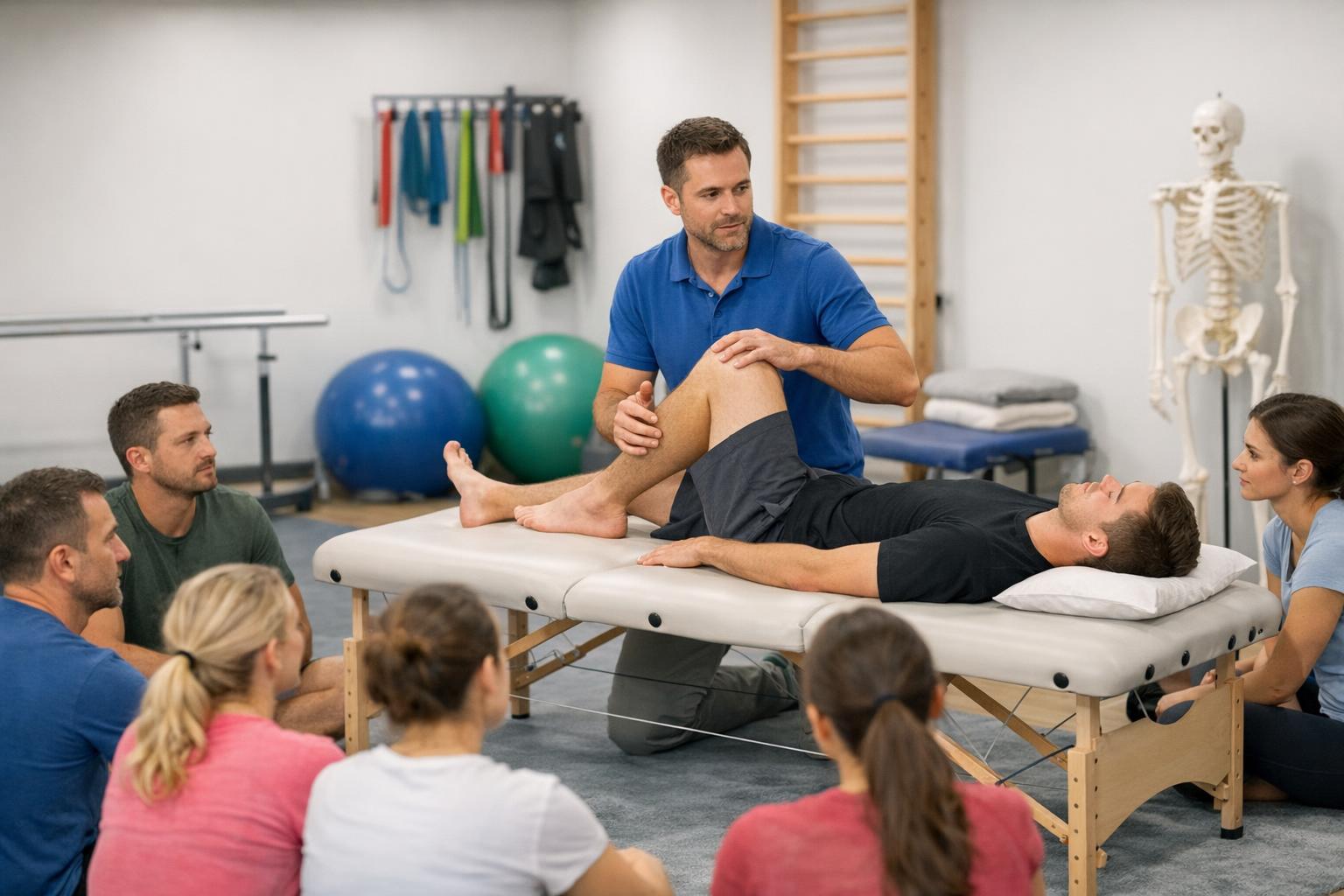 Fizjoterapeuta prowadzący warsztat praktyczny w sali rehabilitacyjnej