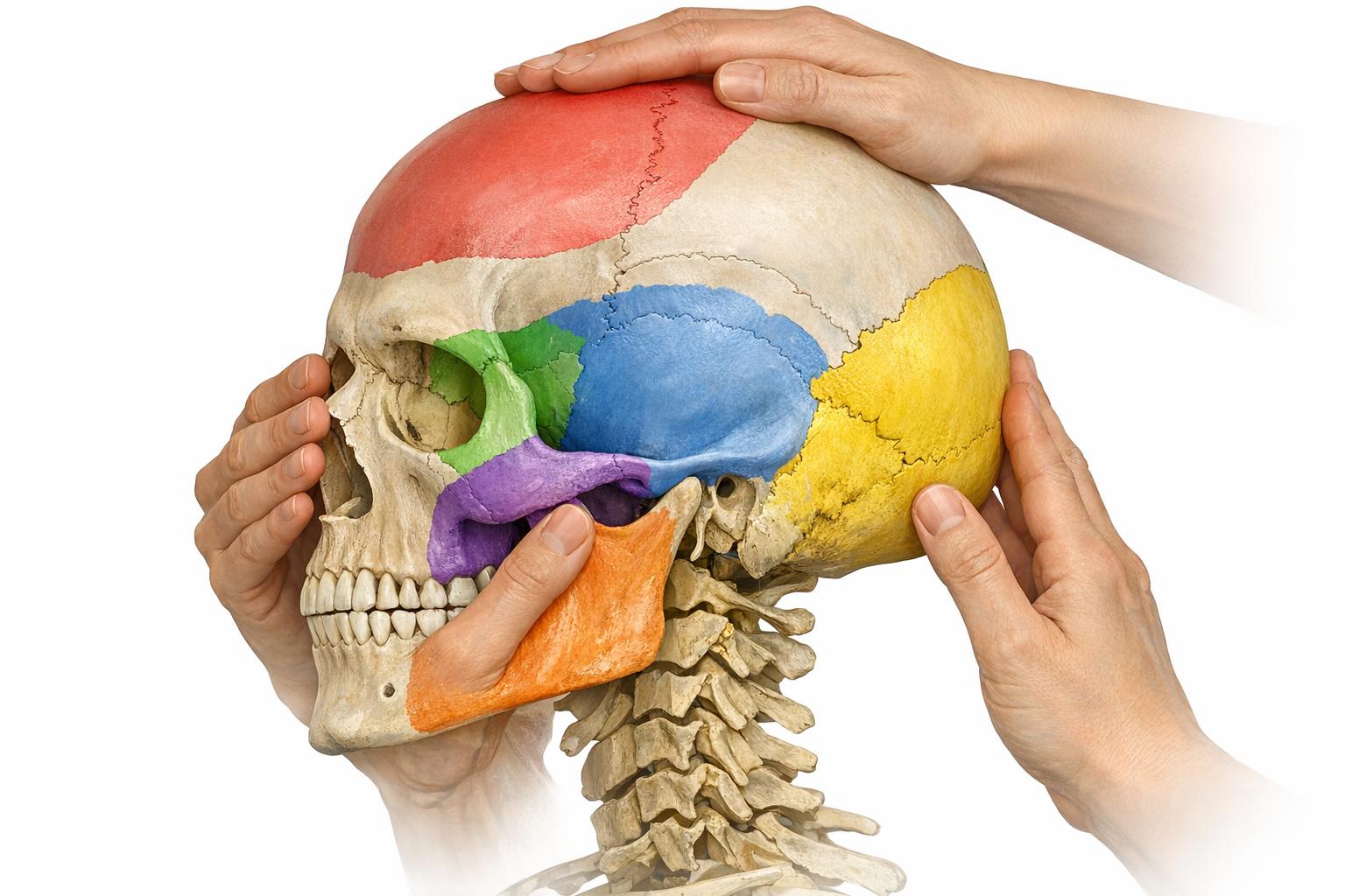 zdjęcie anatomii czaszki ilustrujące obszary pracy terapeuty